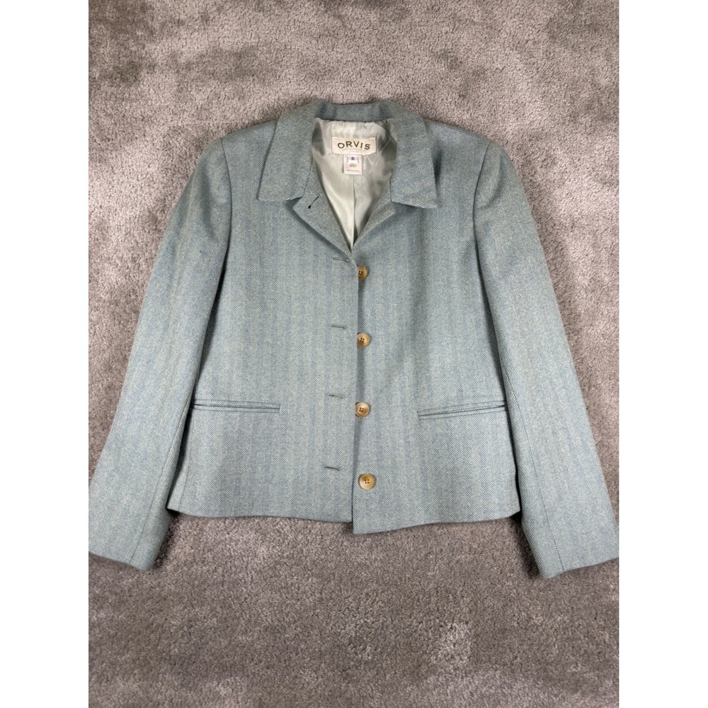 Orvis Womens 6 Light Blue Herringbone 100% Wool 4-Button Blazer Jacket